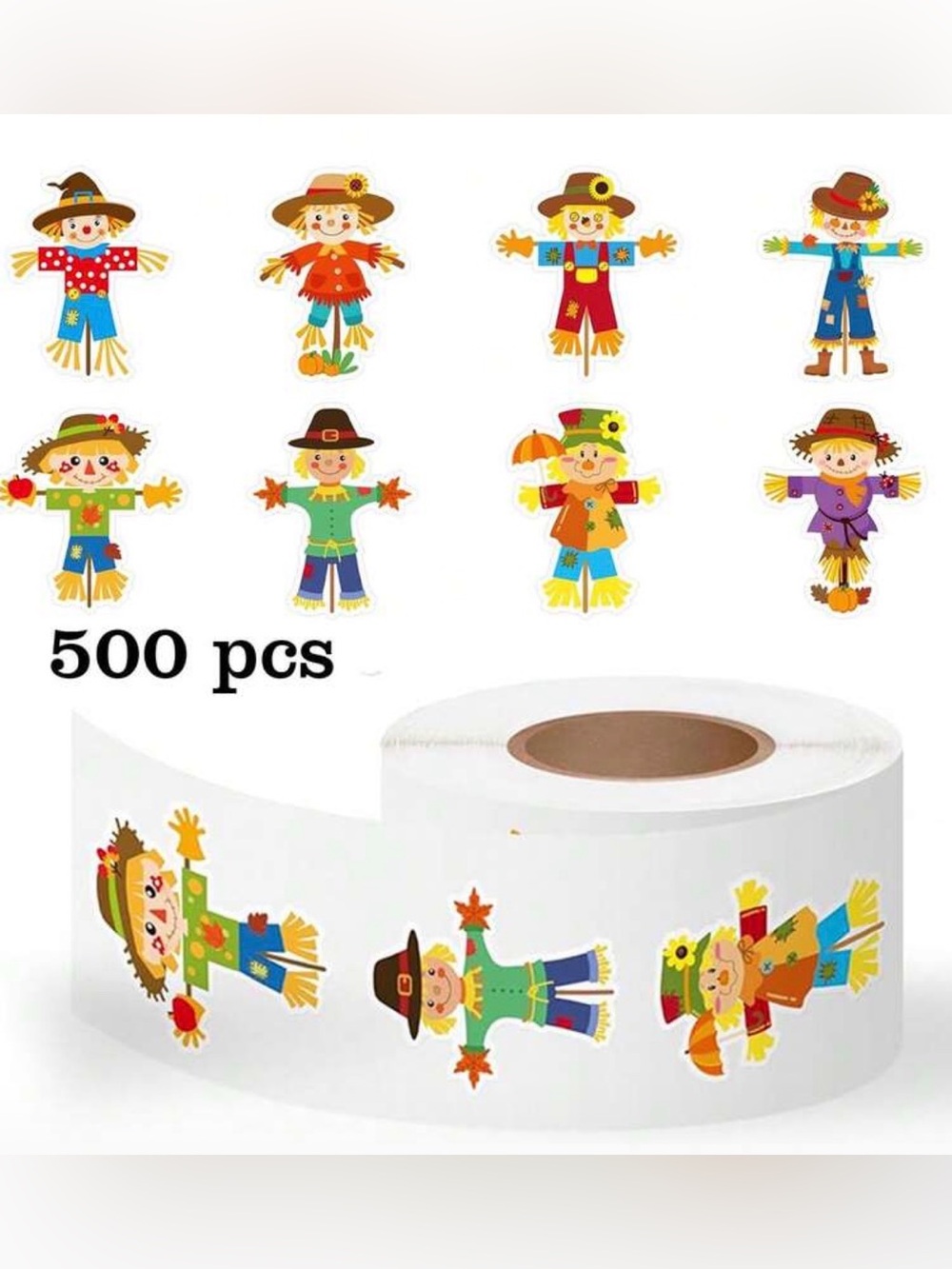 Cute Multicolor Scarecrow Sticker Roll for Fall - 500 pcs